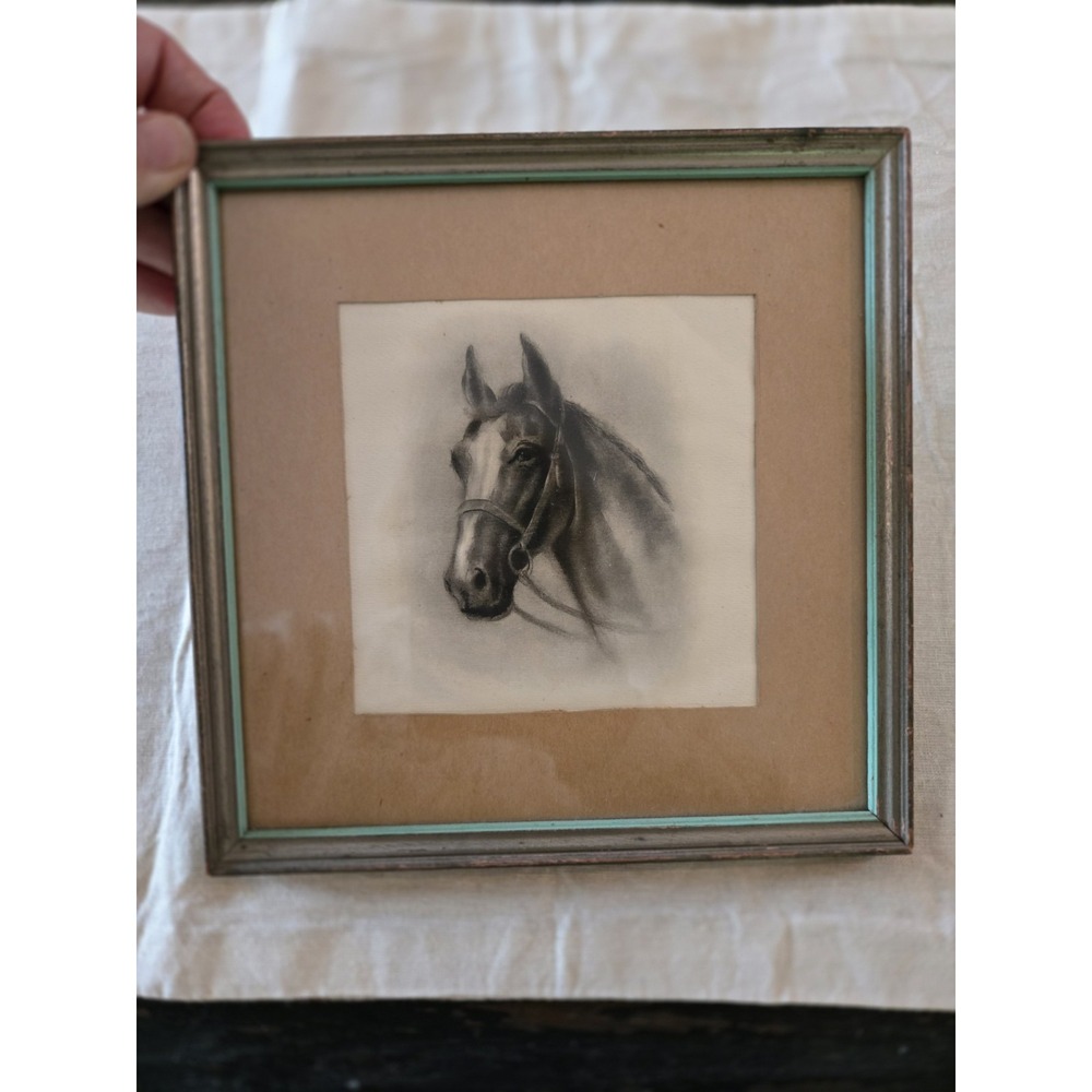 Vintage Horse Etching Sketch or Print Equestrian RL Decor Framed Art Black White